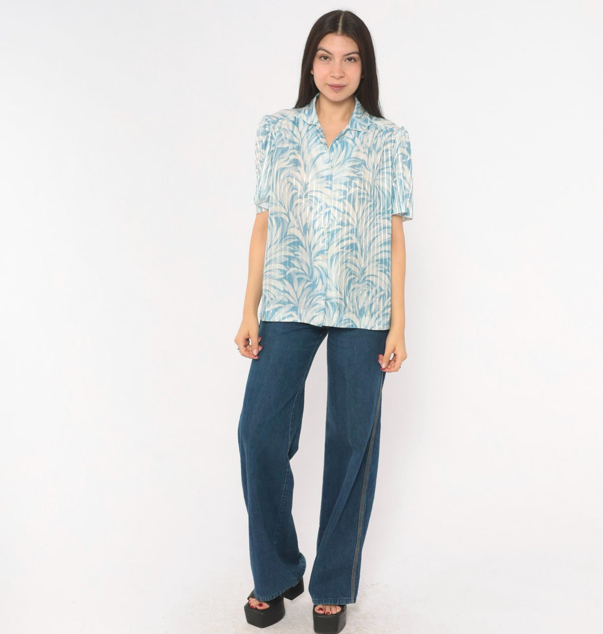 70s Graff Palm Leaf Blouse Blue White Tropical Print Button-Up Medium