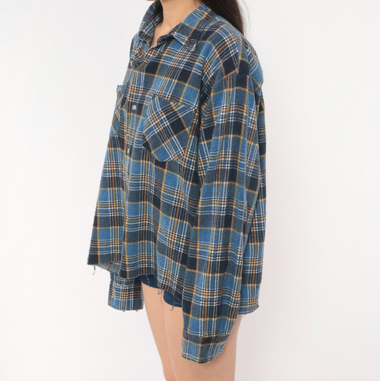 90s Montgomery Ward Flannel Shirt Blue Plaid Cotton Distressed Large L