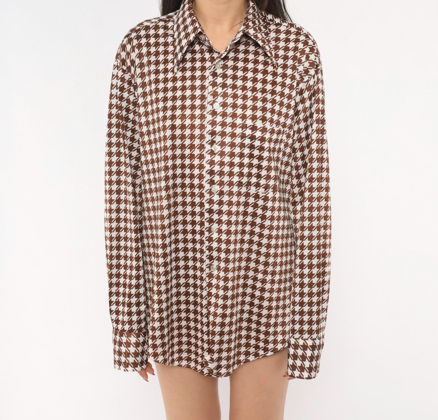70s Brown White Houndstooth Button Up Shirt Pointed Collar Chest Pocket Large