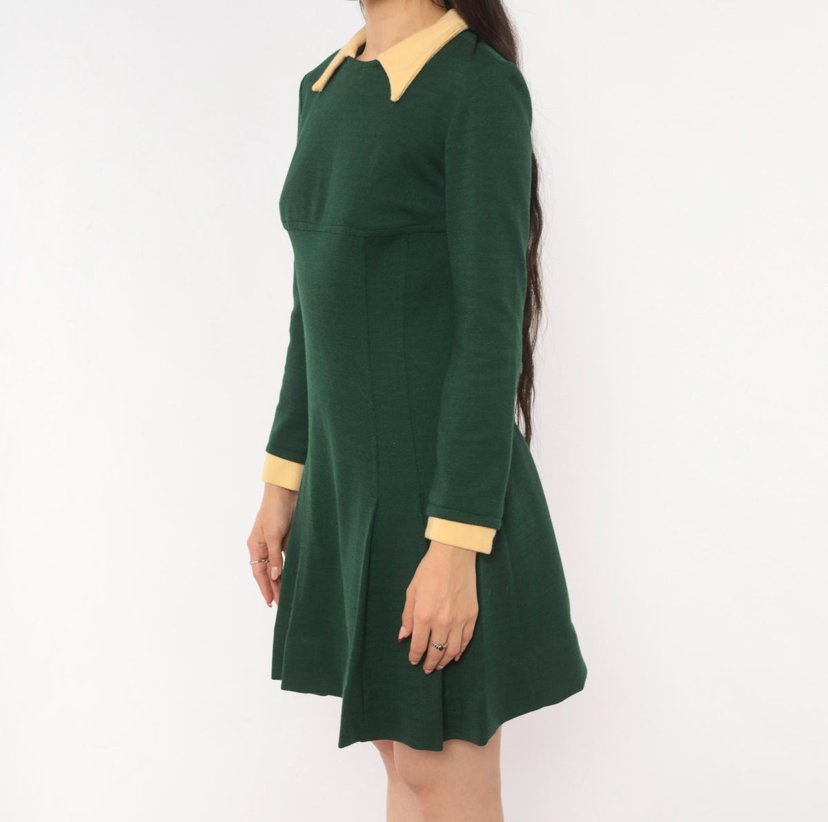 1960s Mod Mini Dress Olive Wool Pointed Collar Cream Long Sleeve Small