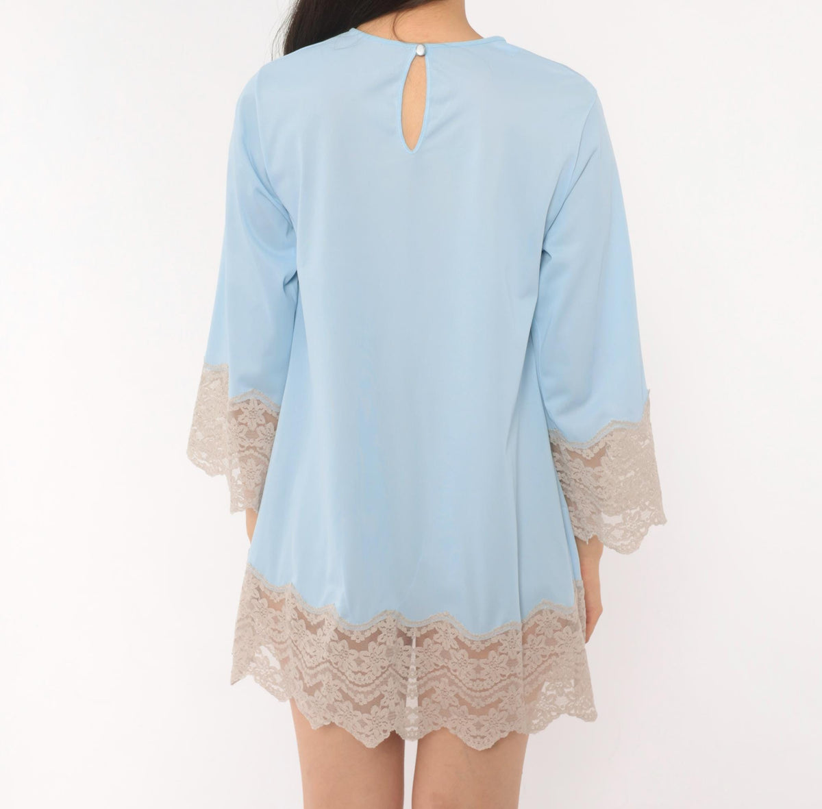 70s Sky Blue Lace Trim Mini Slip Dress Scalloped Bell Sleeve Keyhole Back XS