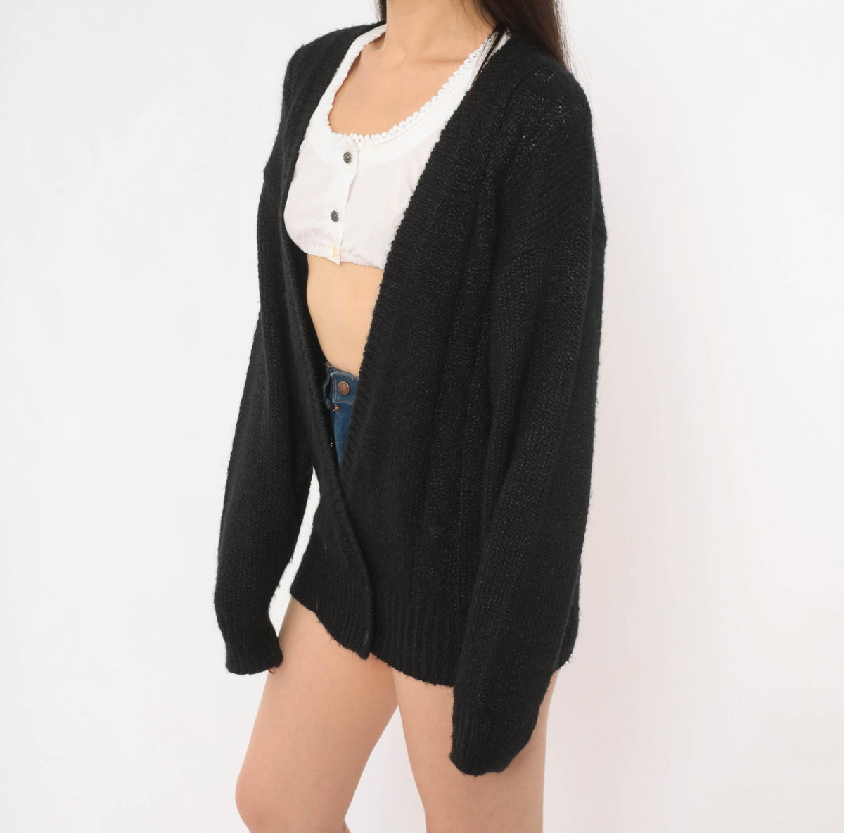80s Black Double Breasted Cardigan Knit Sweater V Neck Medium M