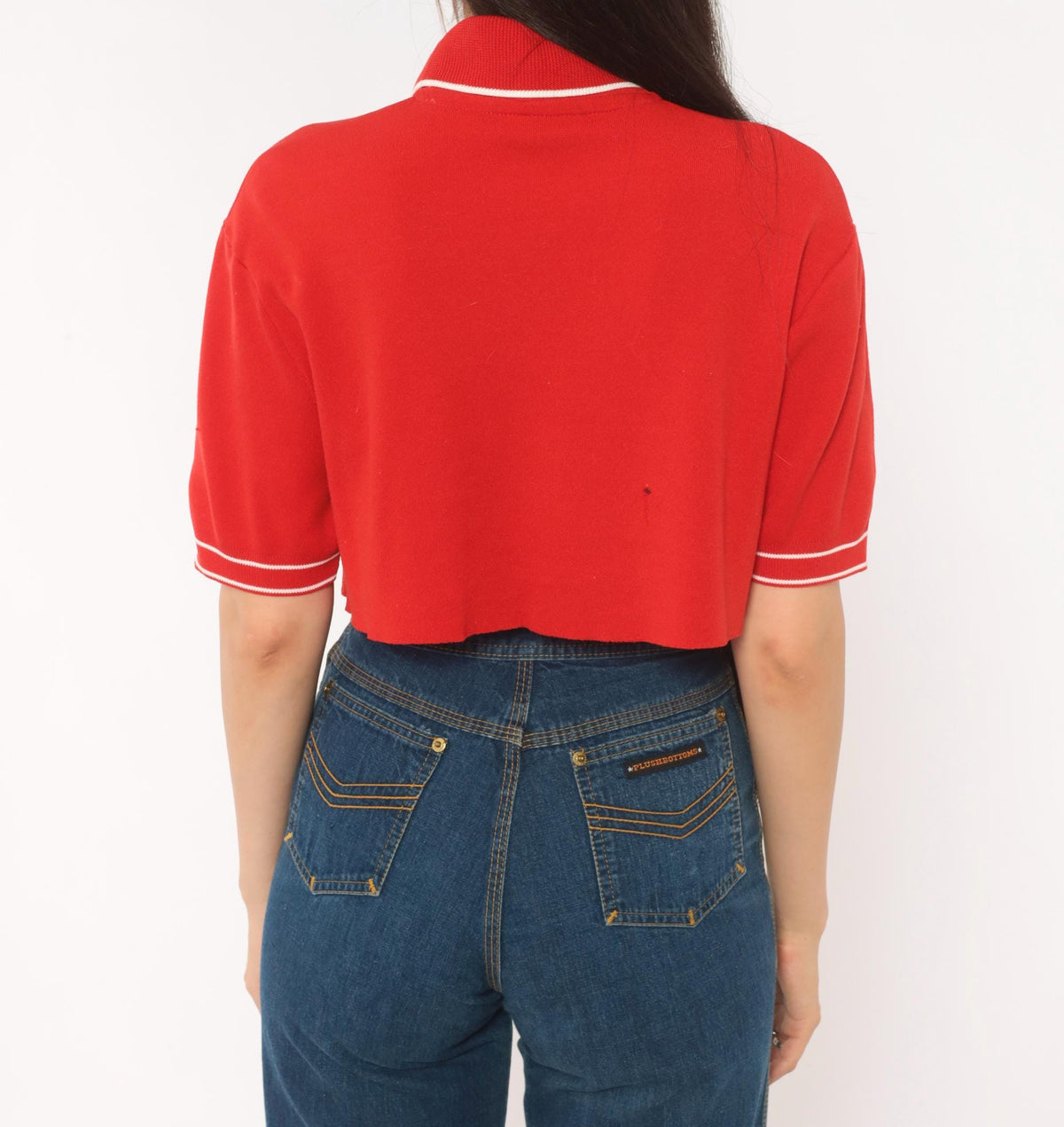 70s Red Cropped Polo White Piping Knit Top Button Front Medium M
