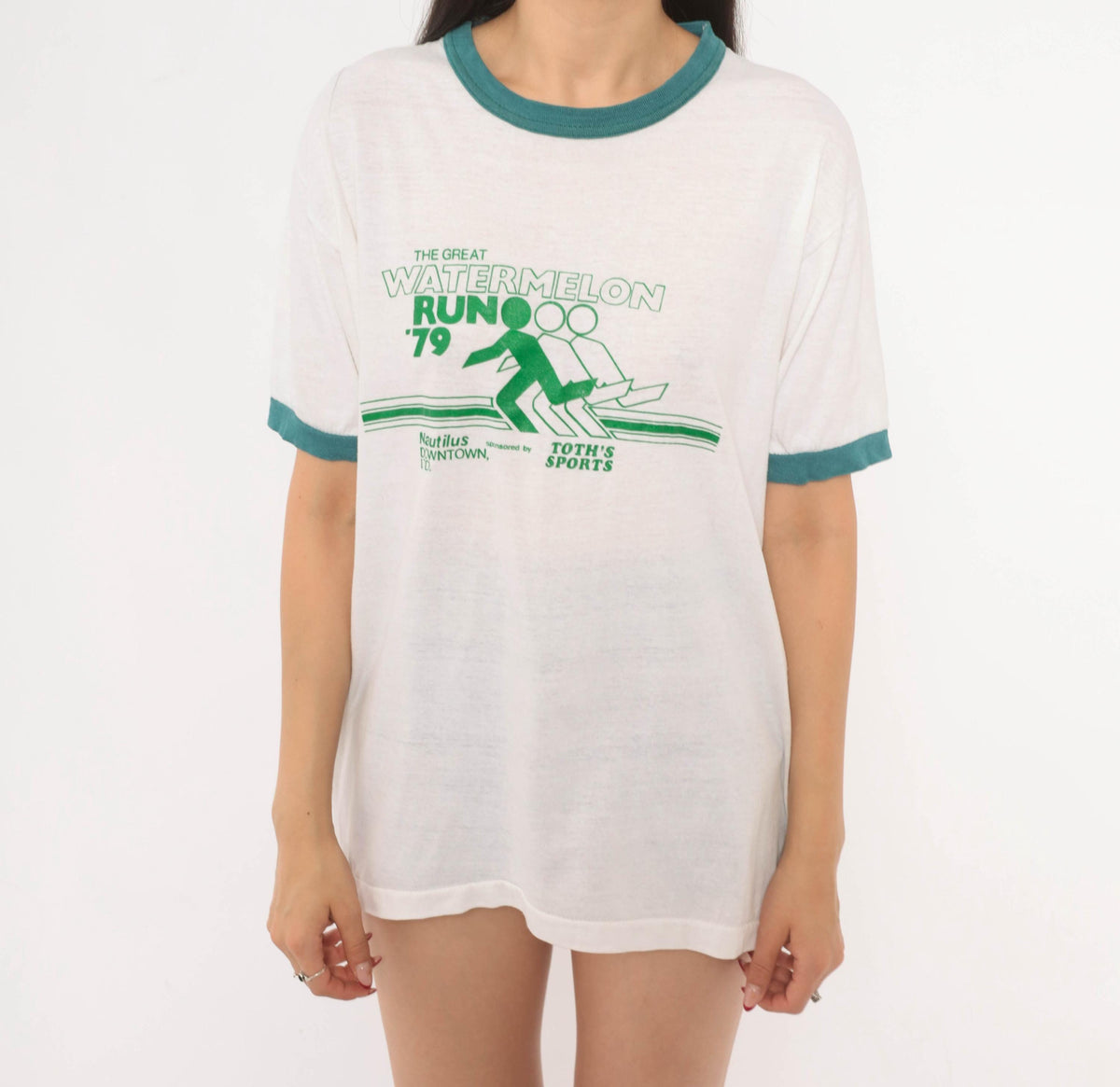 70s Watermelon Run Ringer Tee White Green Graphic Race Event Large L
