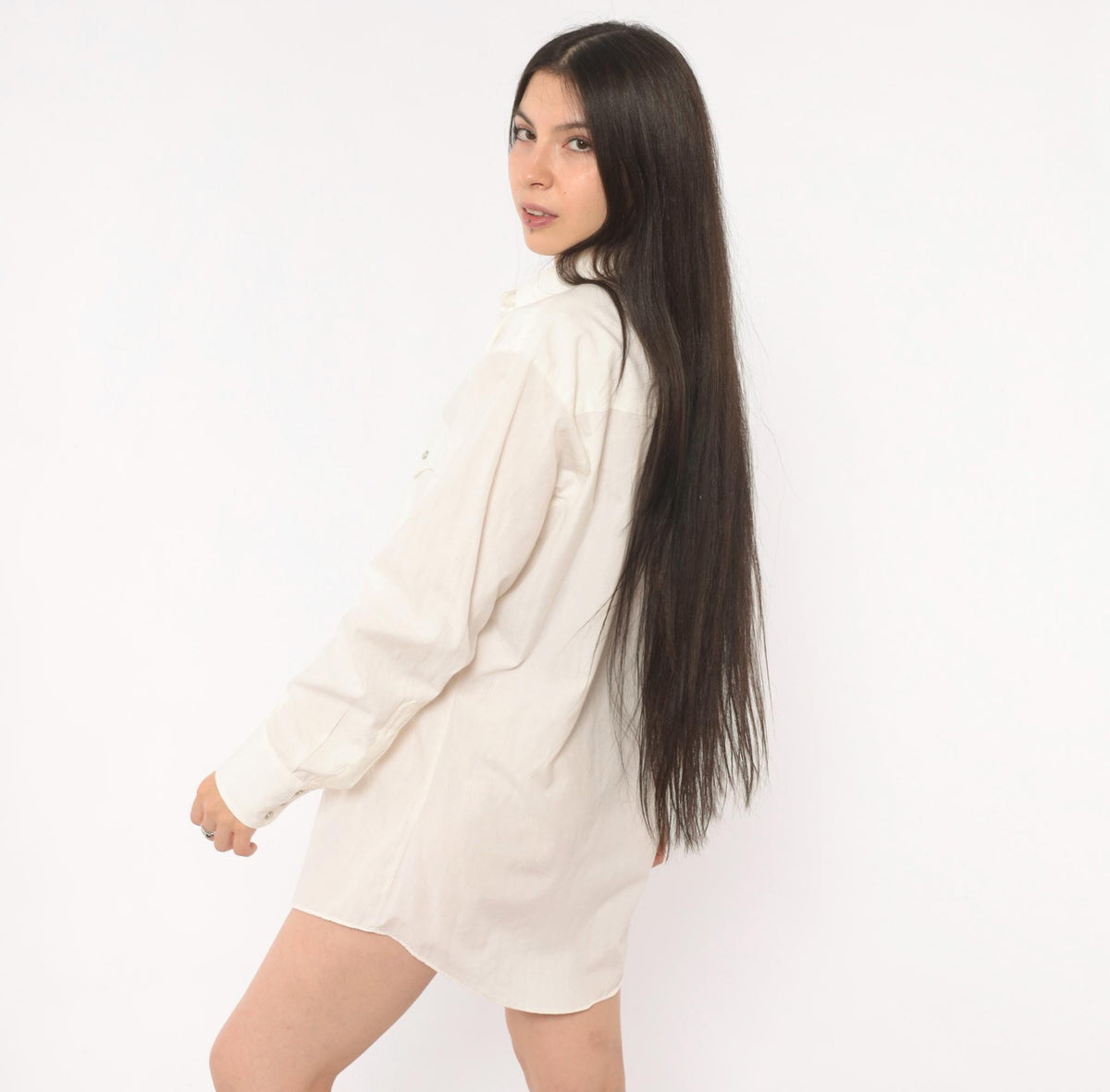 90s Ely Cattleman Western Snap Shirt Ivory Pointed Collar Yoke Medium