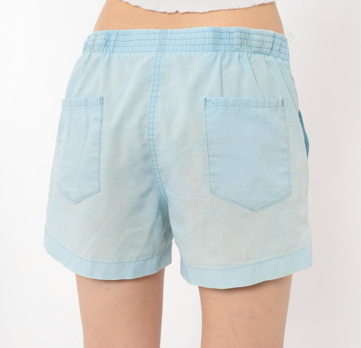 80s Light Blue Cotton Shorts Elastic Waist Button Fly Medium Large