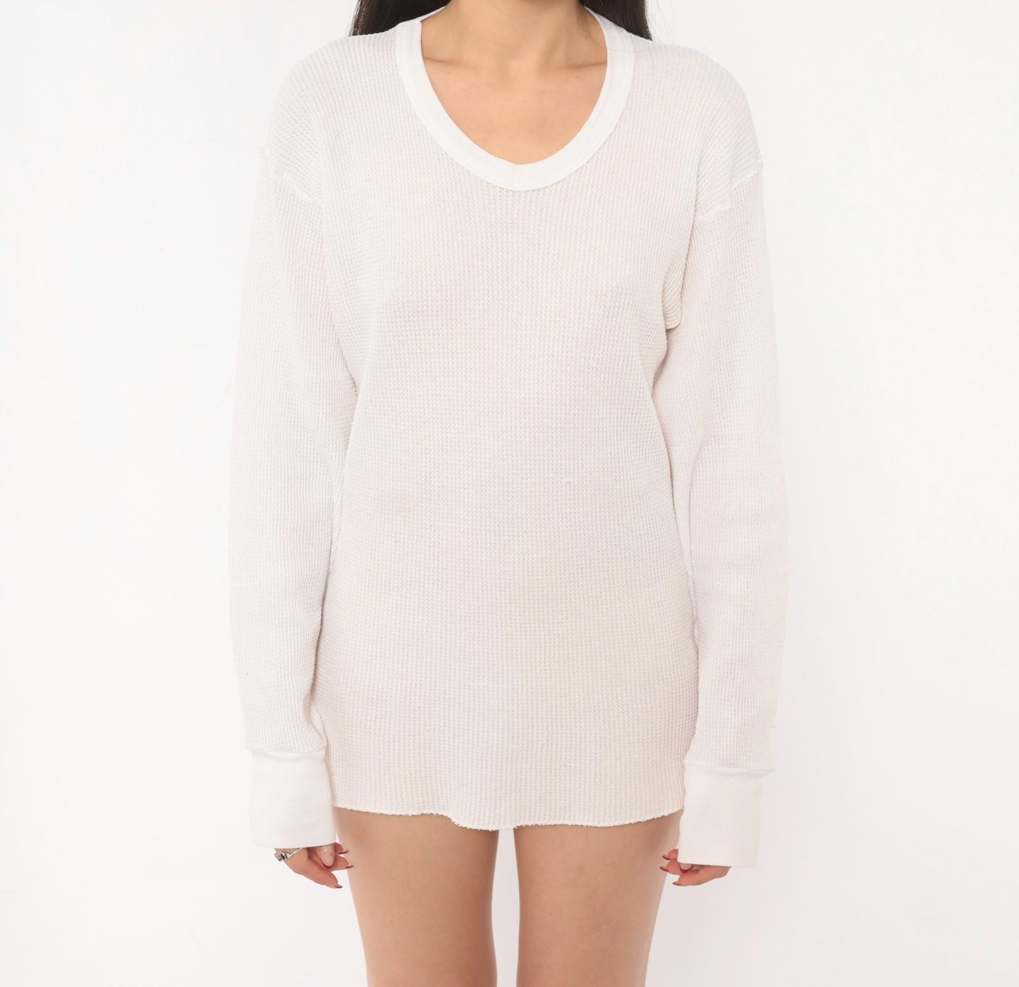 90s Waffle Knit Thermal Ivory Scoop Neck Long Sleeve Cotton Tee Large