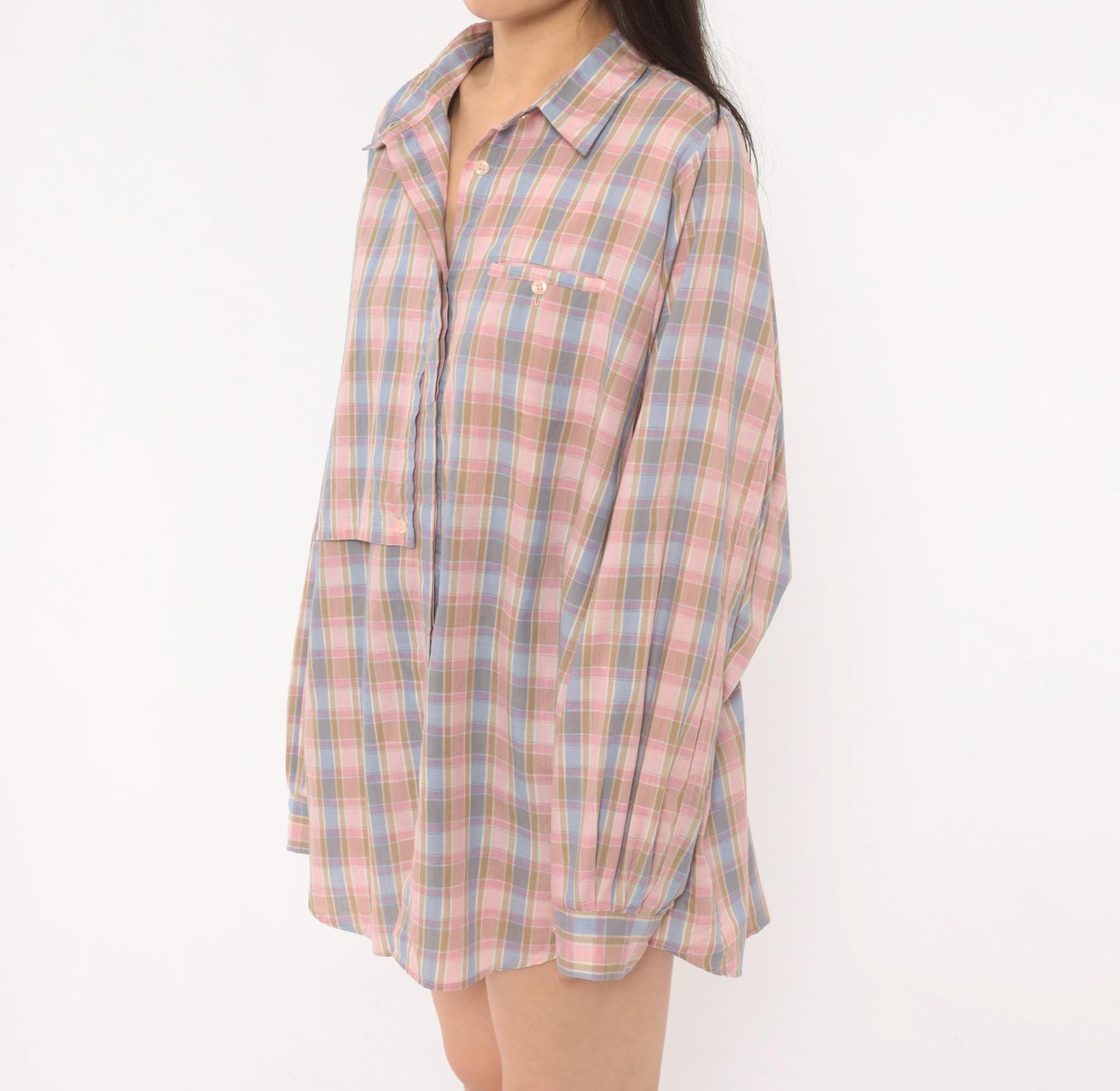 90s Cali Plaid Button Front Shirt Pink Periwinkle Cotton Plus Size 1X