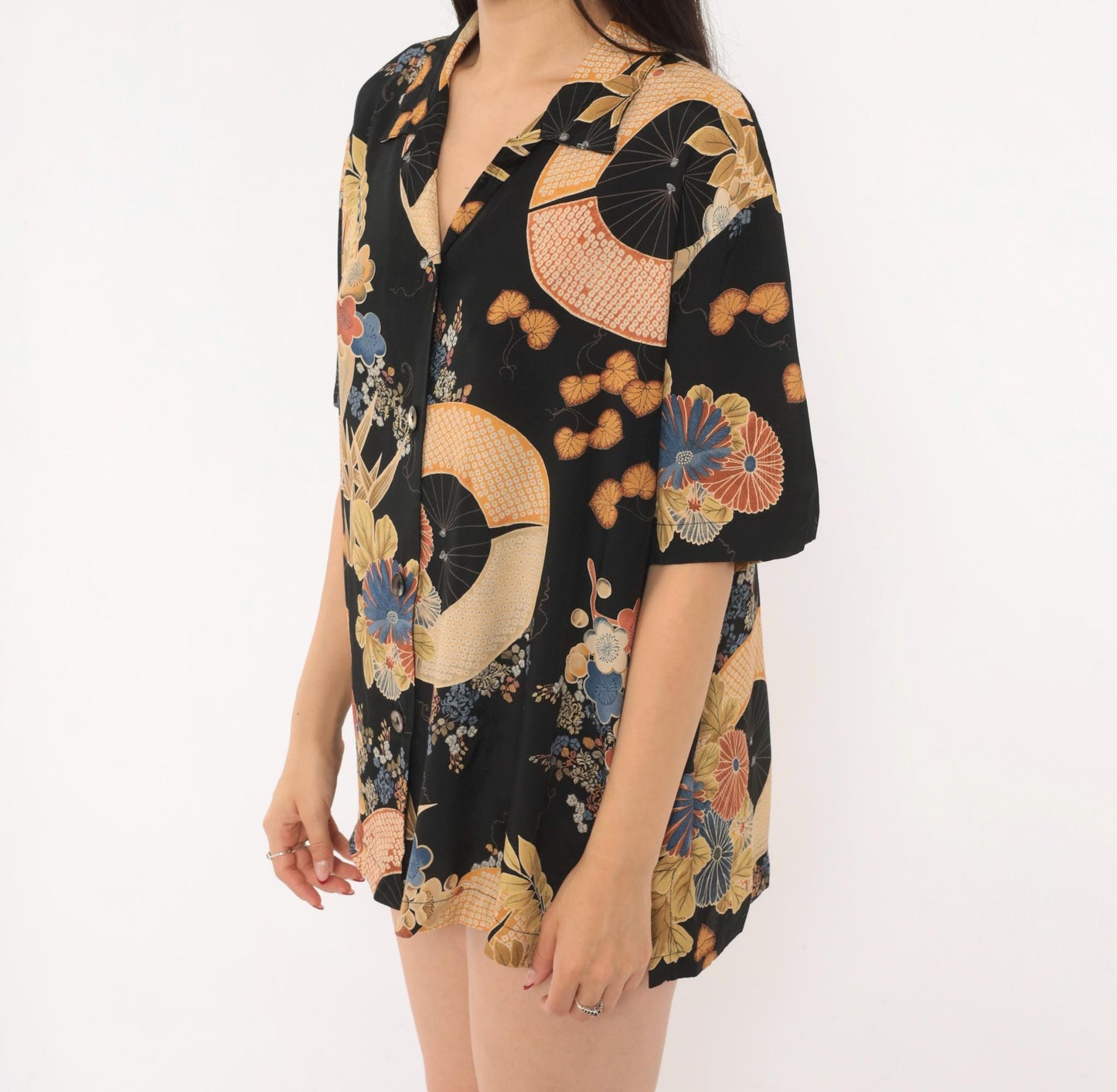 90s Clio Japanese Fan Floral Camp Collar Blouse Black Gold Rayon Large L