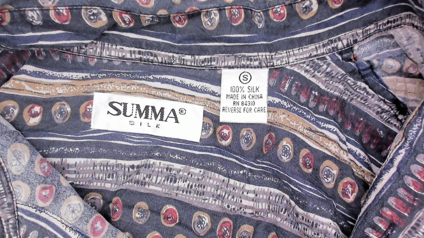 90s Summa Abstract Silk Shirt Grey Burgundy Stripe Camp Collar Small S