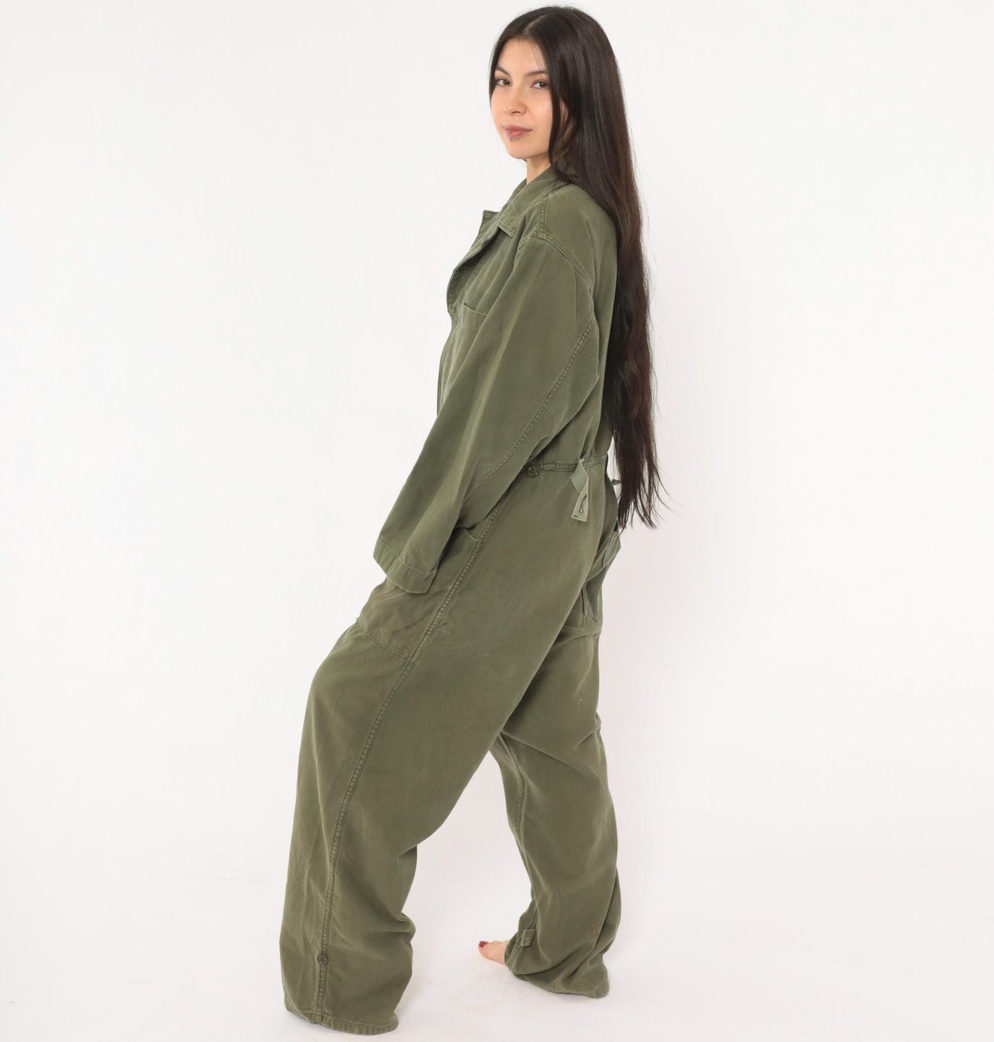 80s Army Olive Cotton Coveralls Button Front Jumpsuit Medium M
