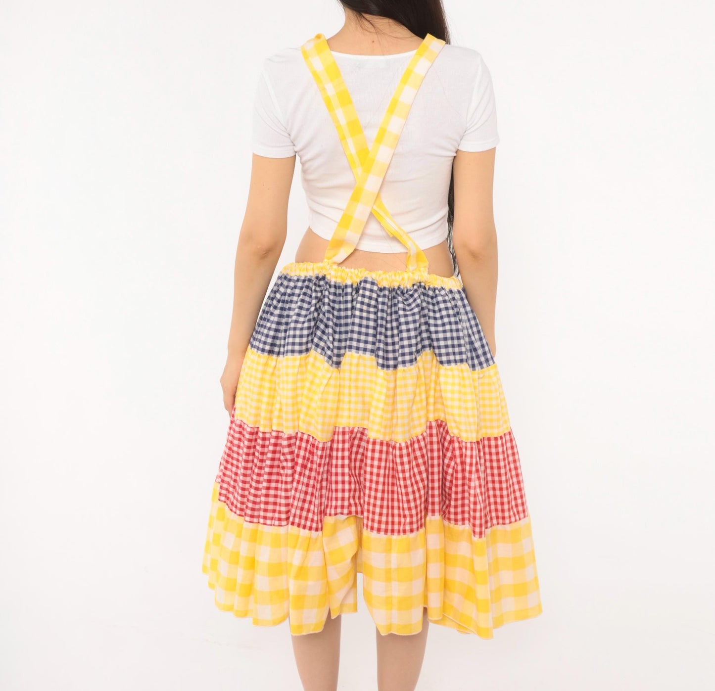 80s Bingo Card Cotton Pinafore Jumper Dress Tiered Gingham Navy Yellow Red Medium Large