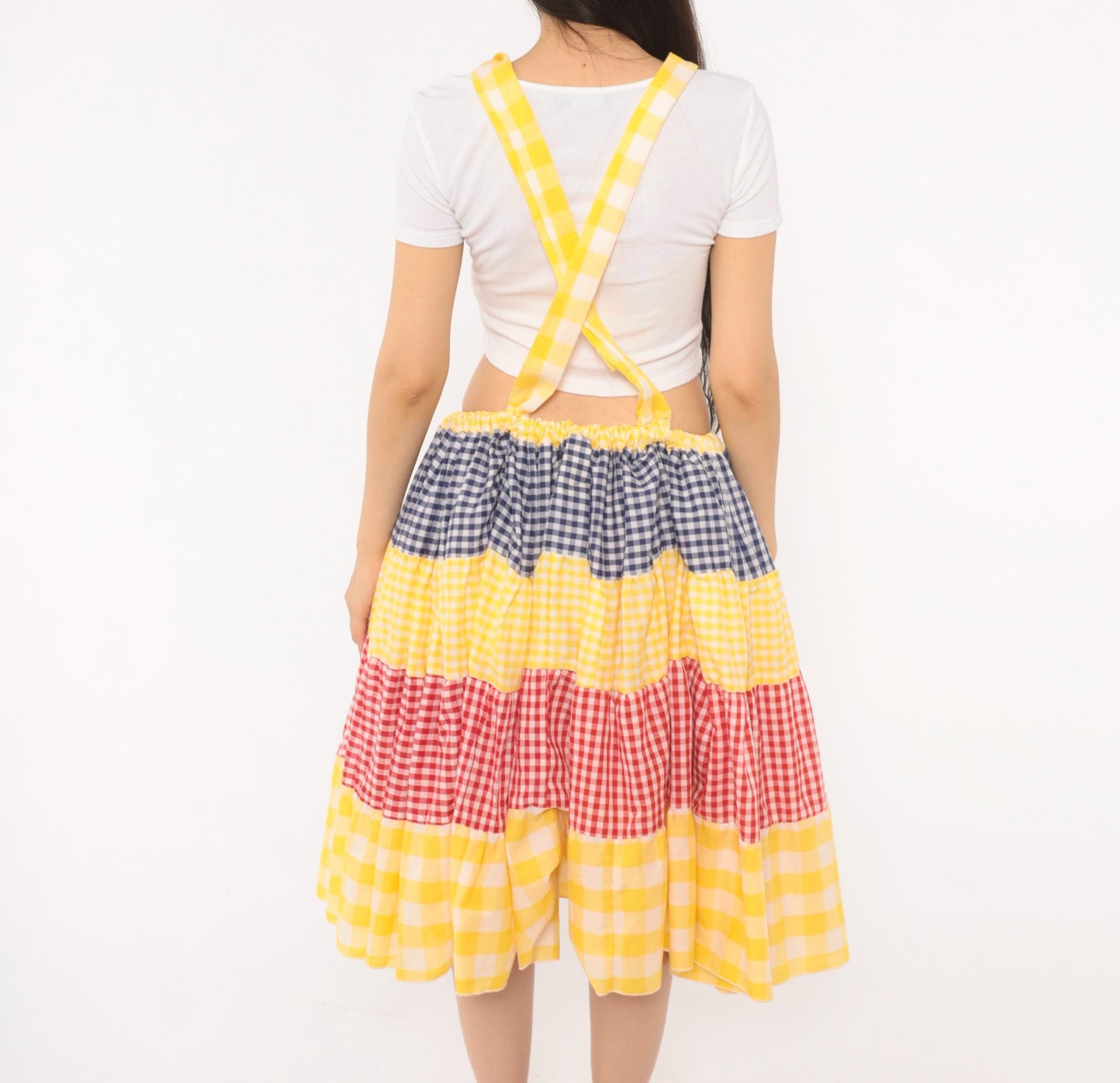 80s Bingo Card Cotton Pinafore Jumper Dress Tiered Gingham Navy Yellow Red Medium Large