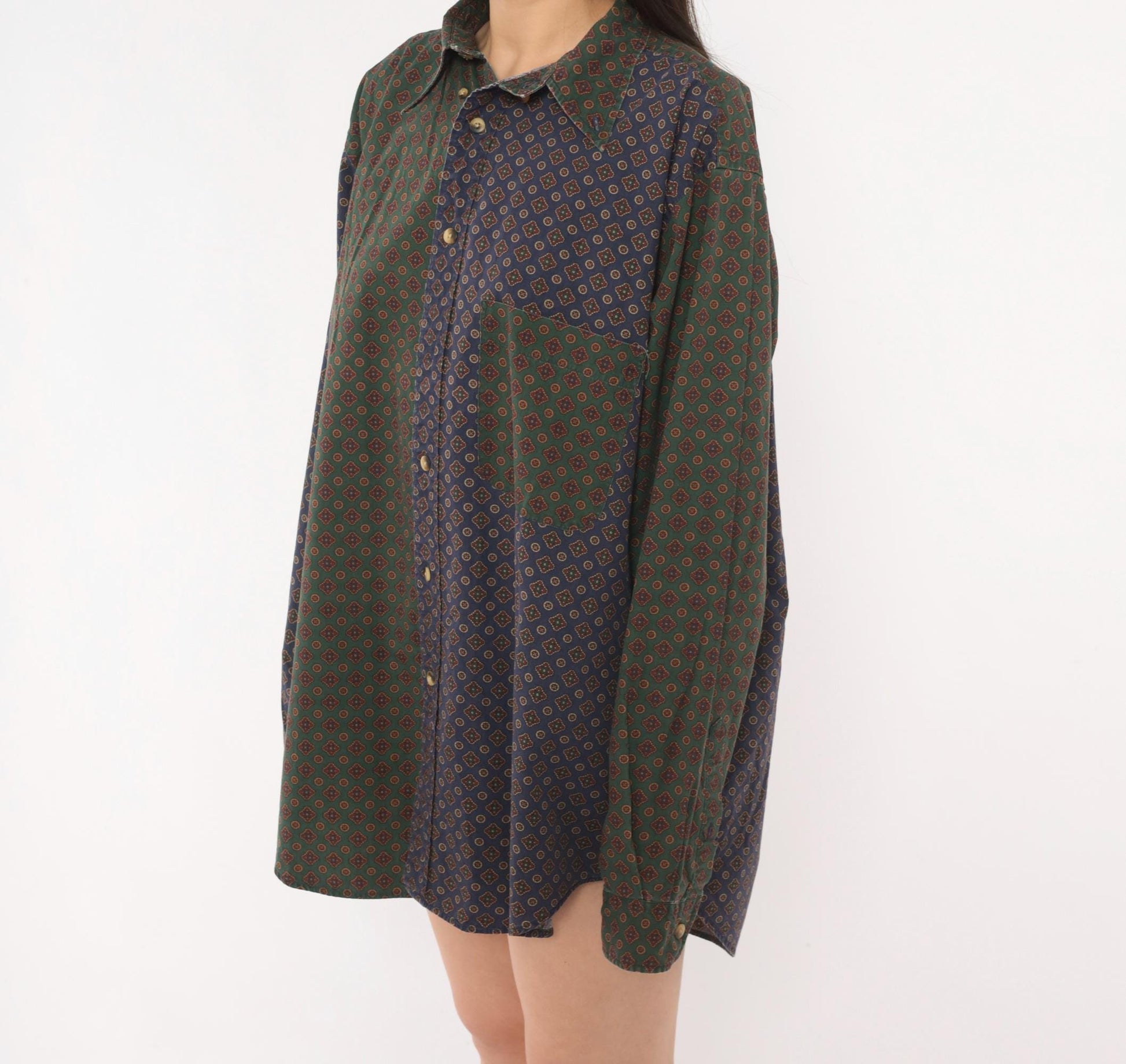 90s Nautica Patchwork Button Shirt Medallion Print Olive Navy Large L
