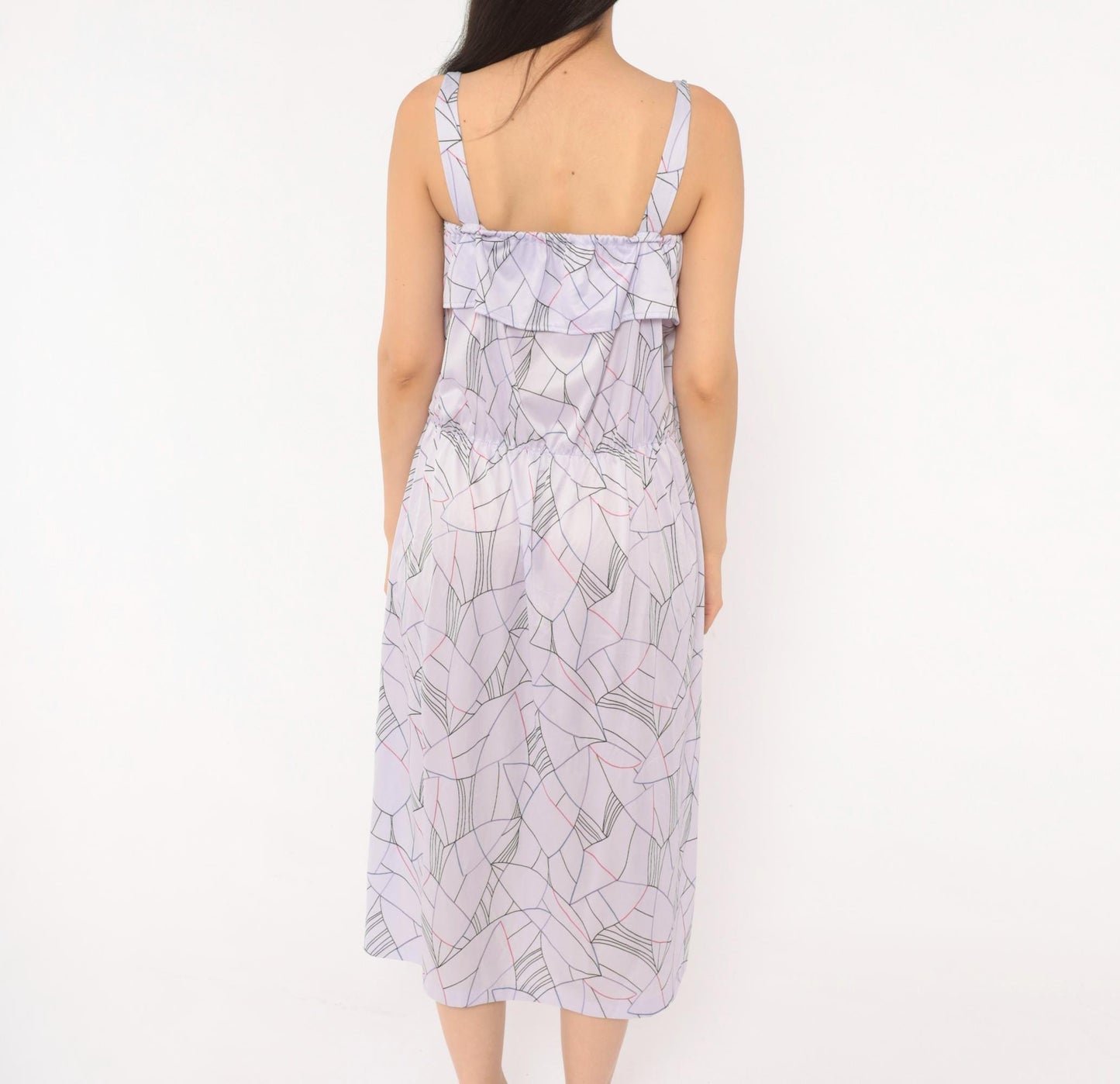 80s Lilac Abstract Geometric Midi Sundress Ruffle Bodice Strappy Small