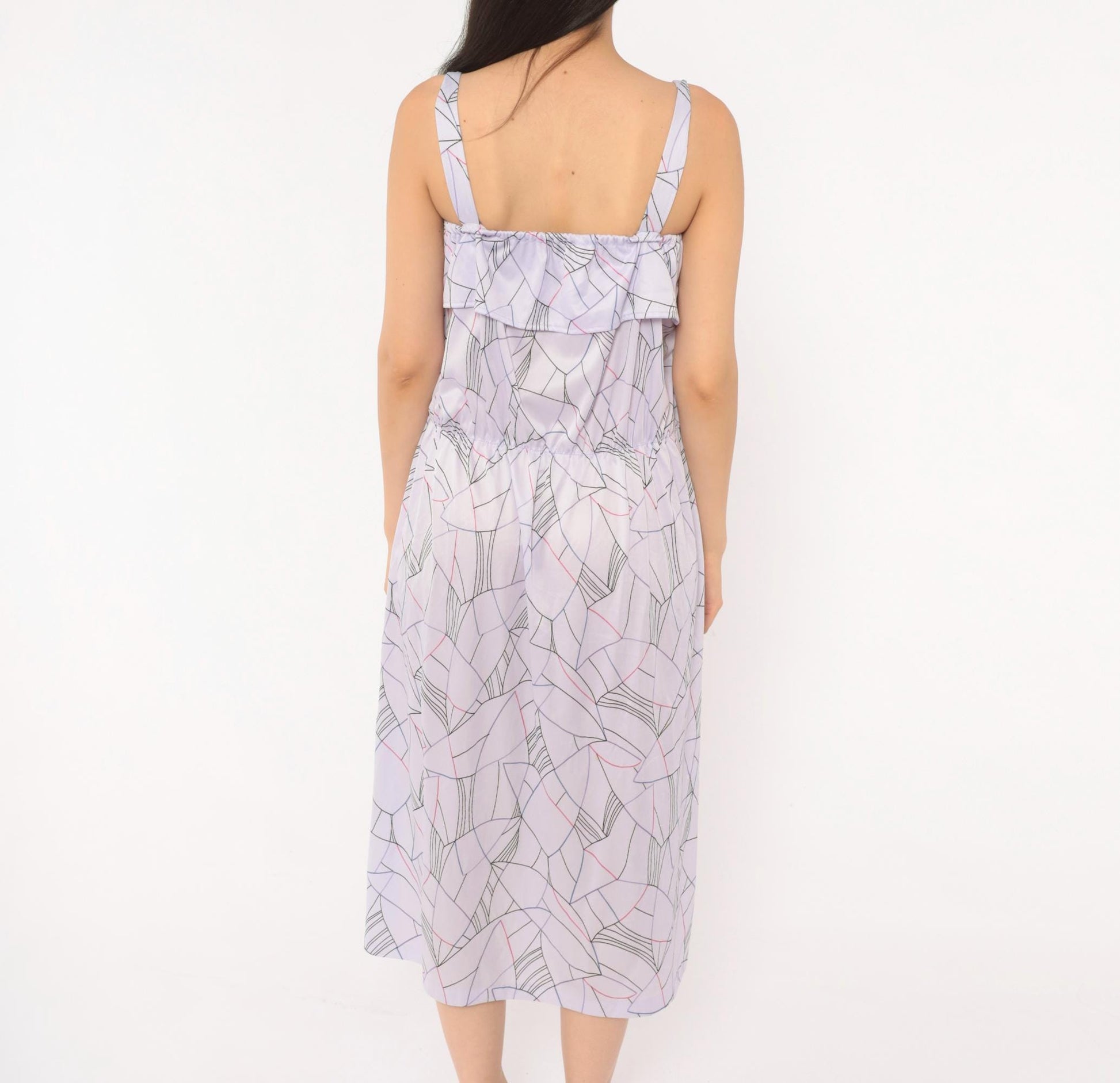 80s Lilac Abstract Geometric Midi Sundress Ruffle Bodice Strappy Small