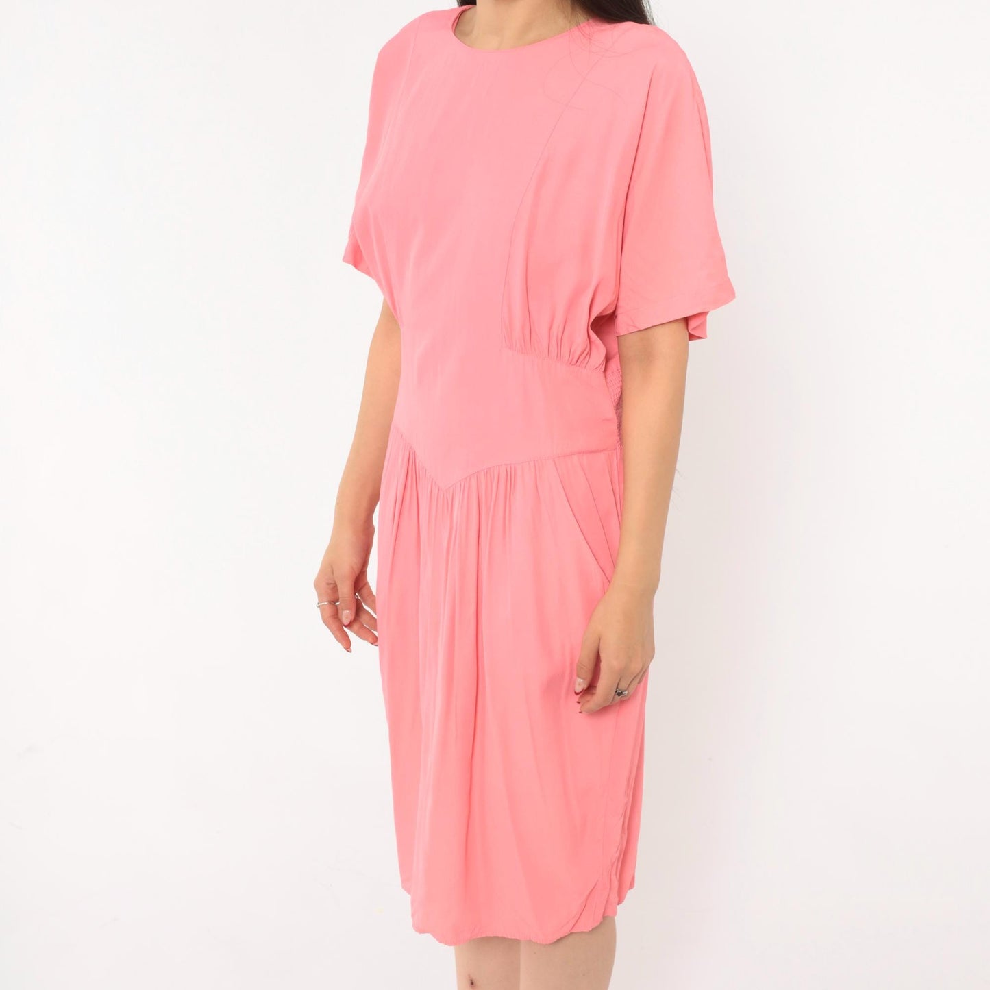 90s Carol Anderson Coral Pink Blouson Dress Smocked Waist Knee Length Large L