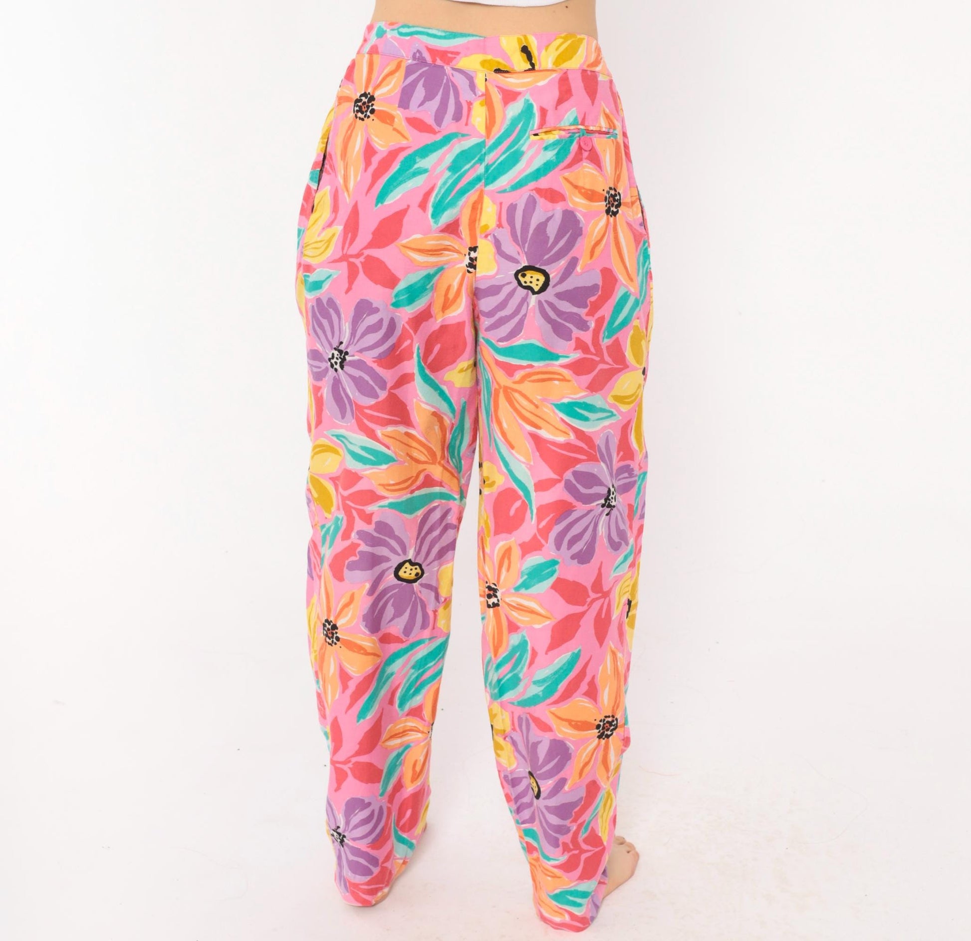 90s Charles Glueck Tropical Floral Tapered Pants Pink Purple High Waist Small