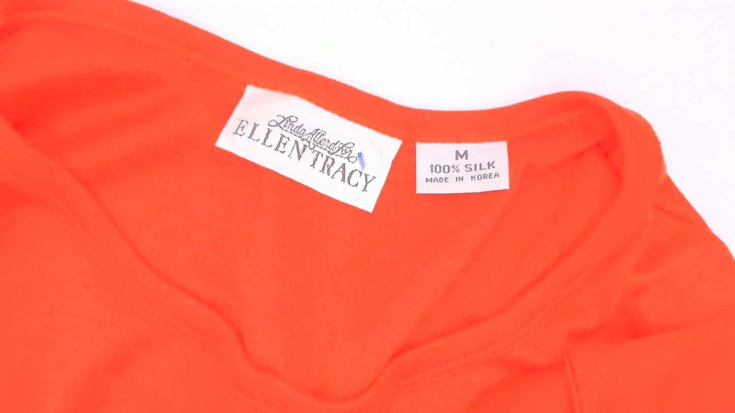 90s Ellen Tracy Silk Bodysuit Orange Dolman Sleeve Mock Neck Medium M