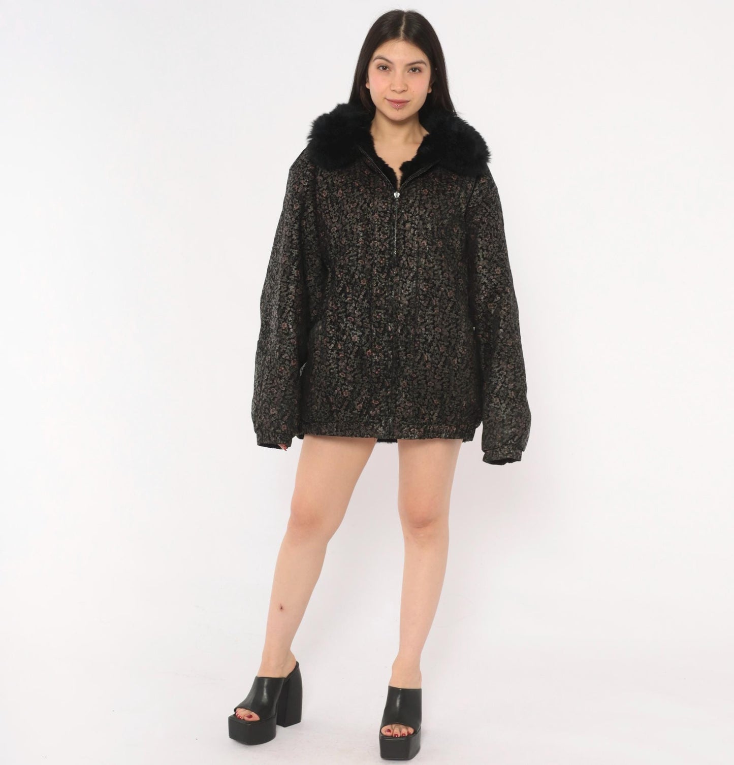 90s Black Floral Suede Bomber Jacket Faux Fur Collar Pink Extra Large
