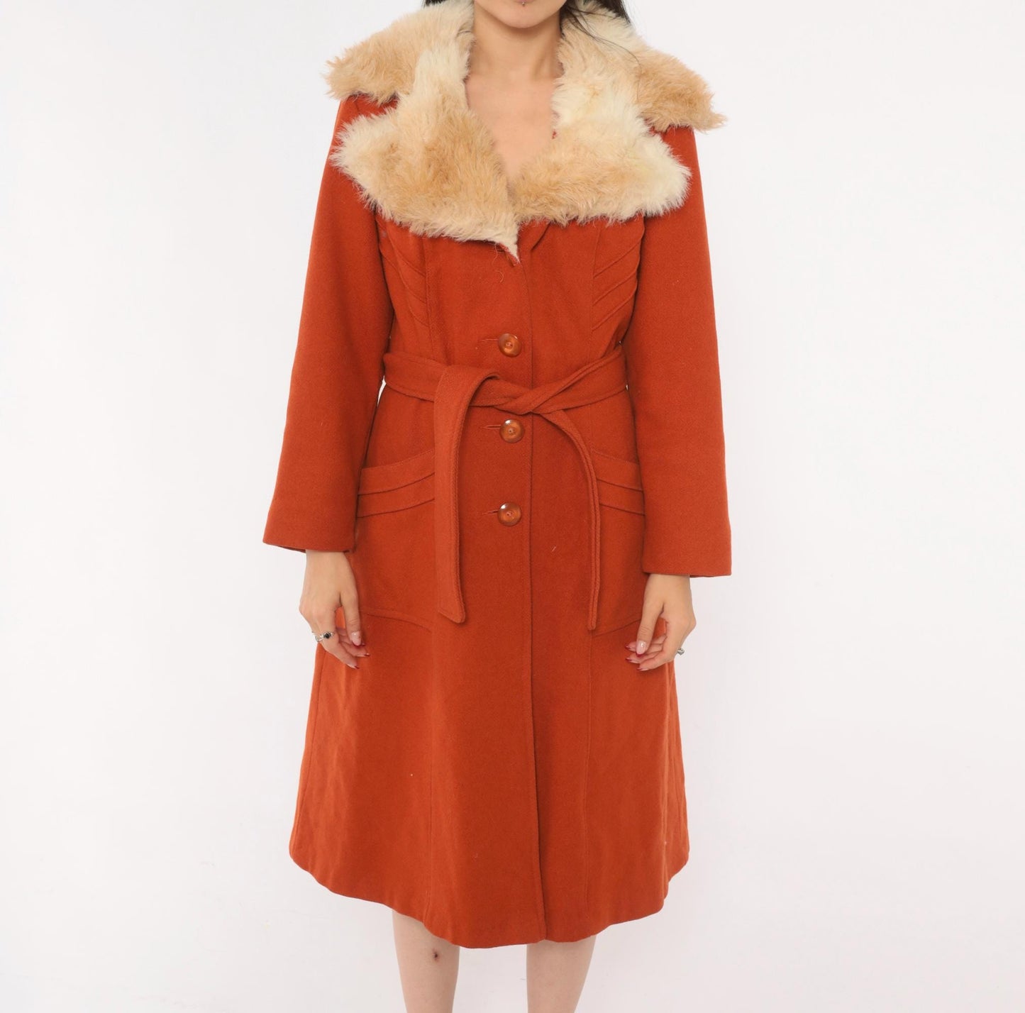 70s Burnt Orange Wool Coat Faux Fur Collar Belted Knee-Length Small