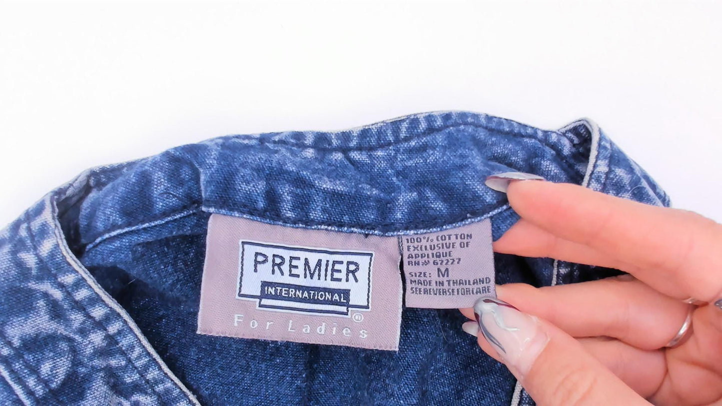 90s Premier International Denim Blouse Floral Vine Embroidery Blue Cotton Medium