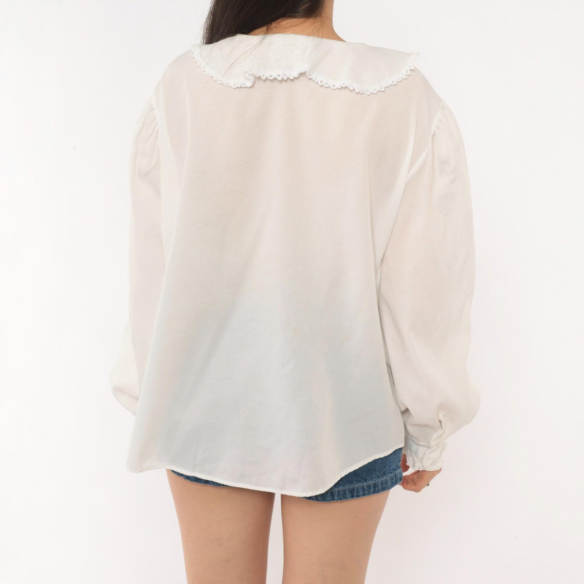 70s Lady Oak Hill White Bow Collar Blouse Puff Sleeve Lace Trim Extra Large XL