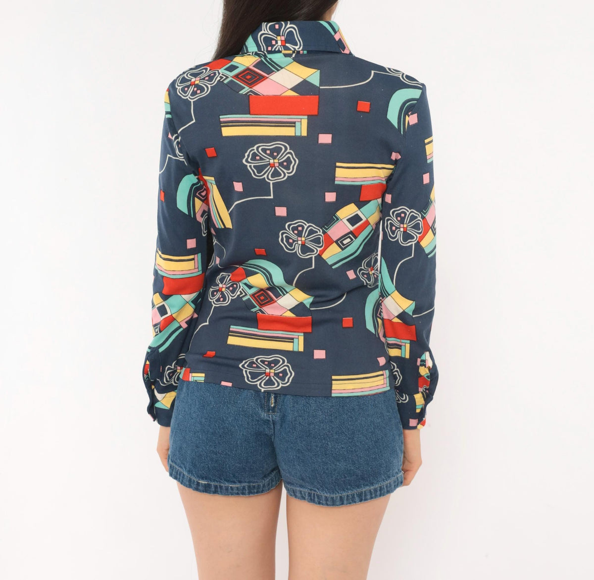70s Panther Navy Geometric Floral Button Front Blouse Long Sleeve Small