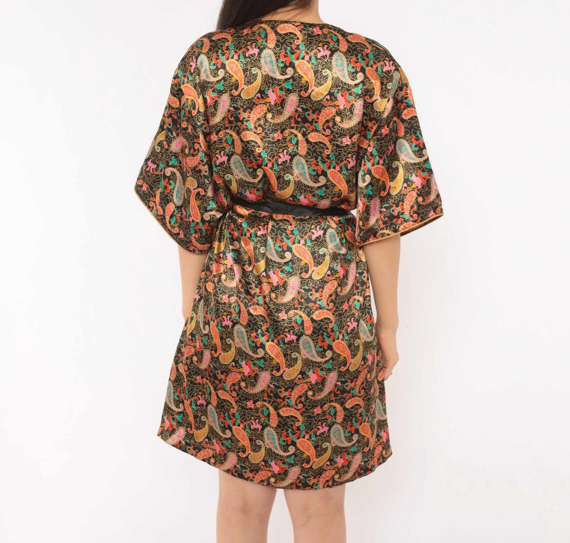 90s Barbizon Paisley Kimono Robe Wrap Front Tie Belt Black Gold Teal Pink Small