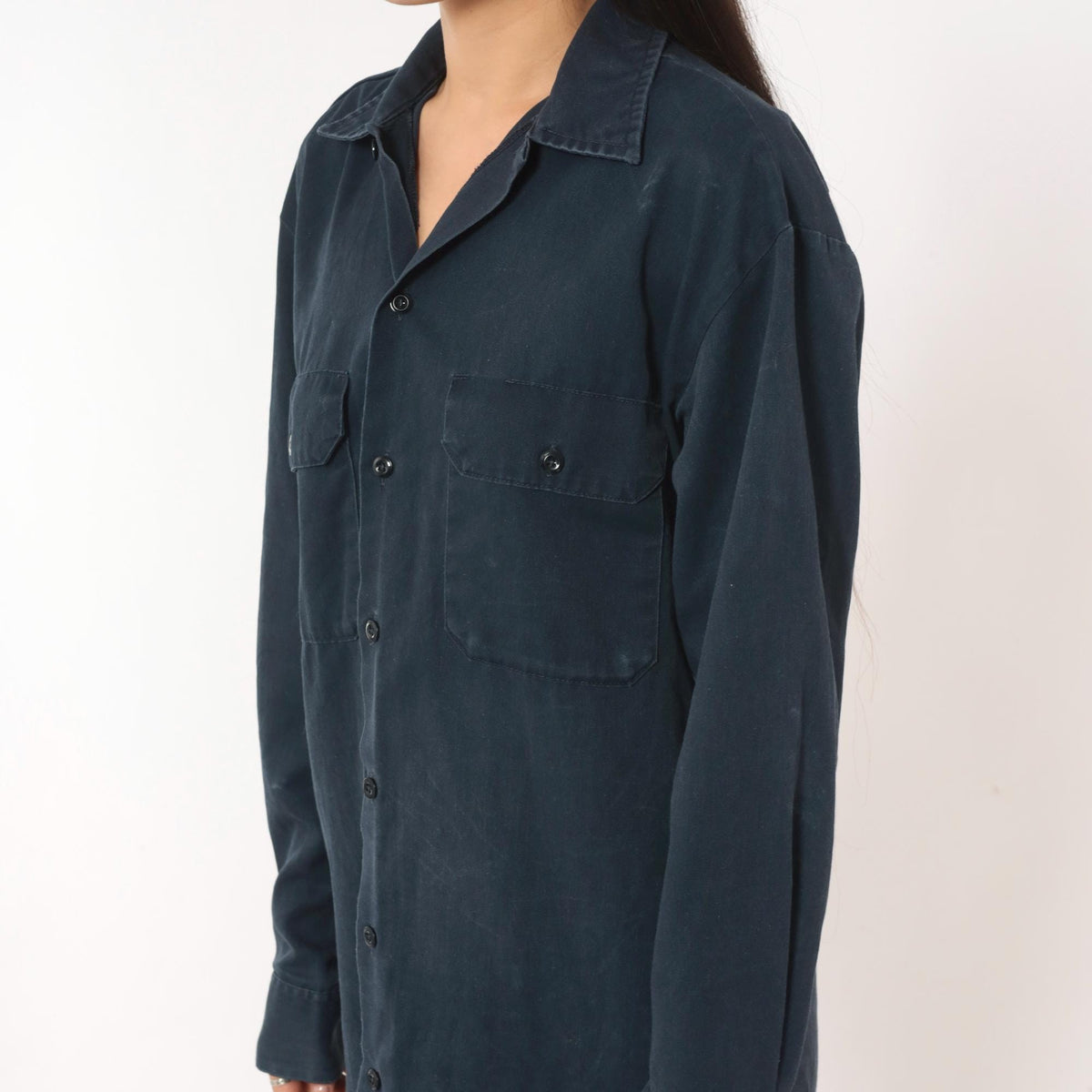 2000s Dickies Navy Work Shirt Button Front Camp Collar Small S