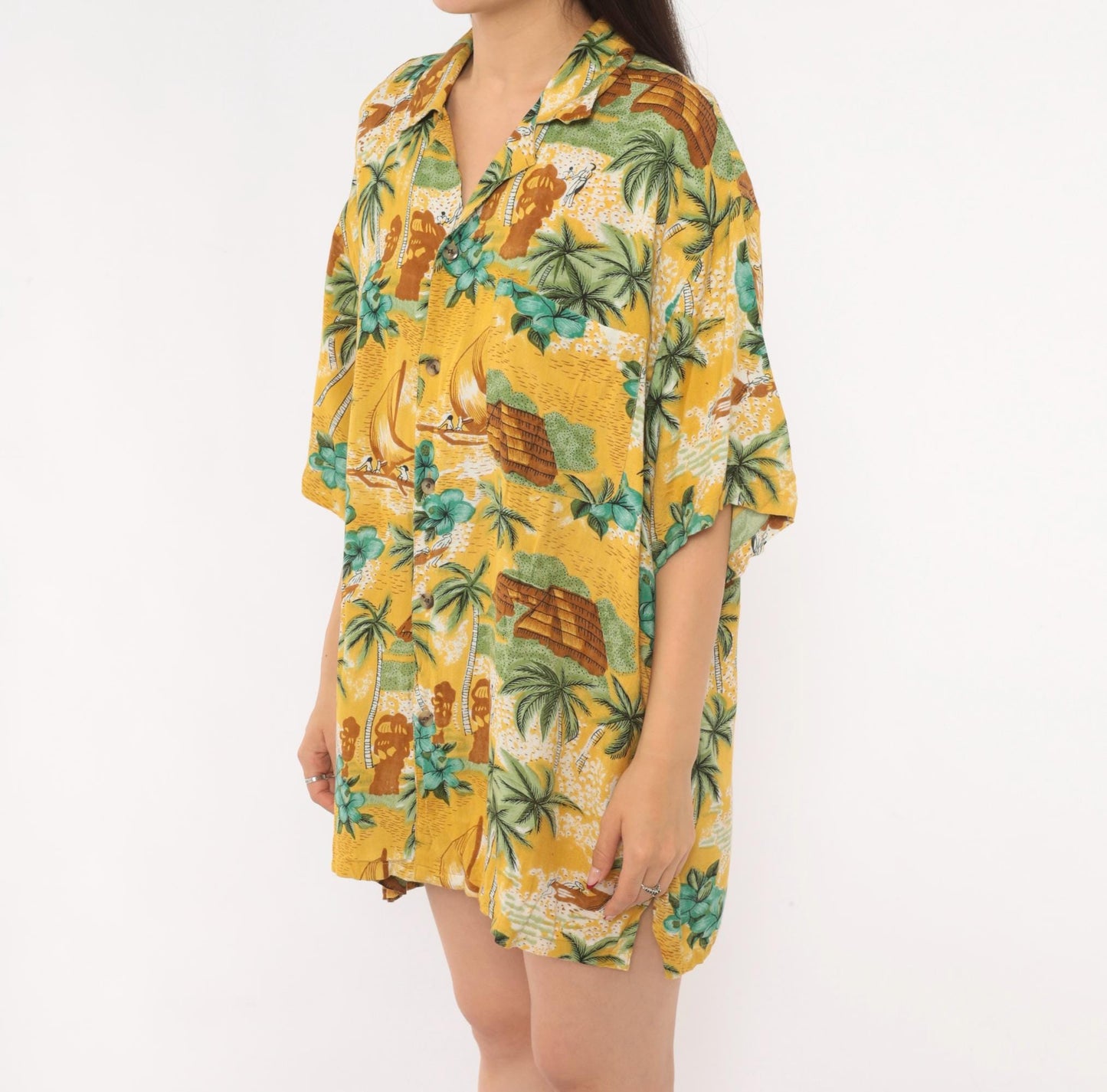 2000s Bullseye Hawaiian Camp Collar Shirt Yellow Tropical Scenic Large L