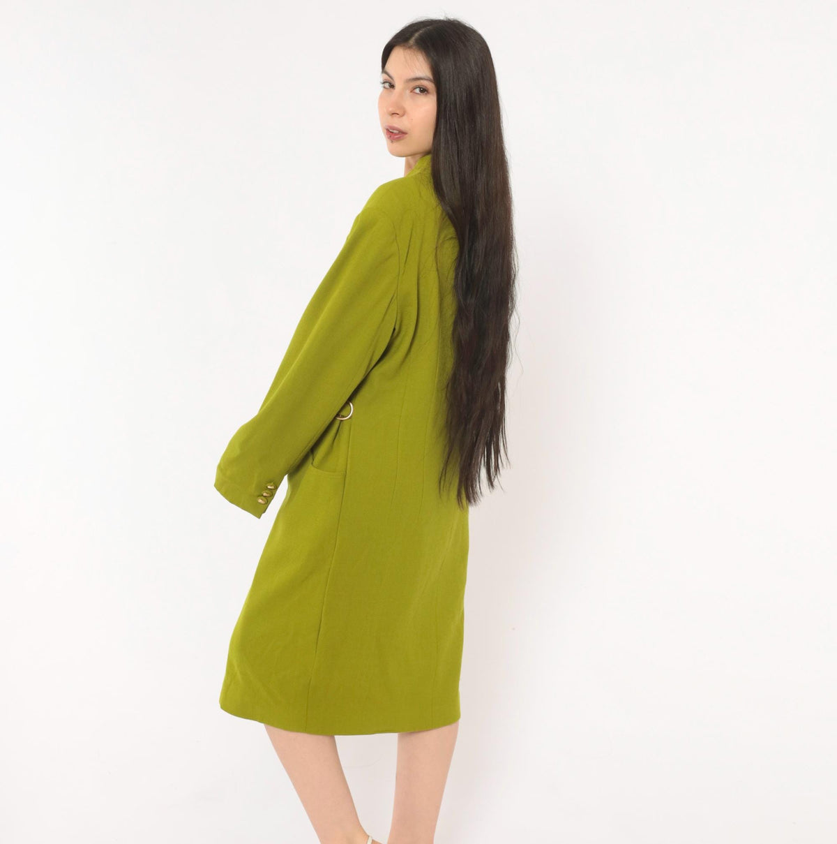80s Lauren Taylor Wool Coat Dress Olive Green Gold Buttons Power Dressing Large L