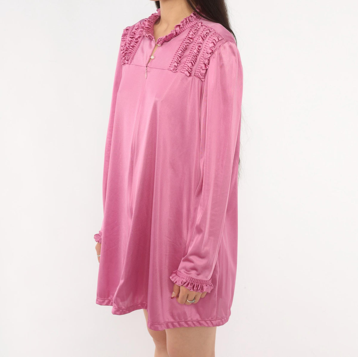80s Vanity Fair Mauve Romper Ruffled Yoke Pearl Button Loungewear Large L