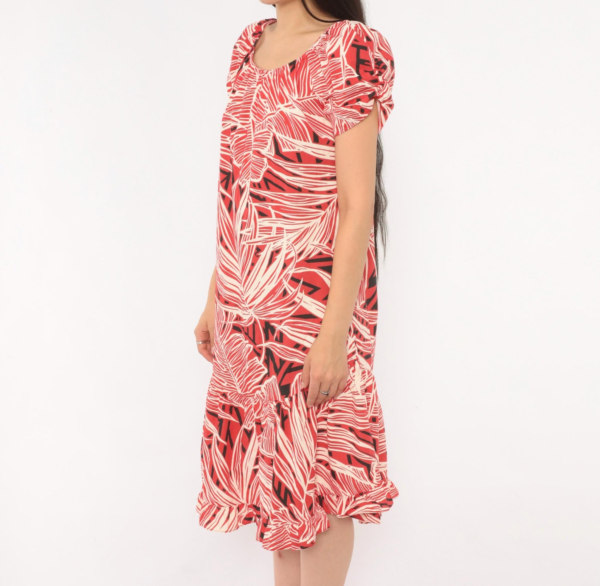 80s Me-Too Tropical Leaf Print Dress Red White Puff Sleeve Knee-Length XS