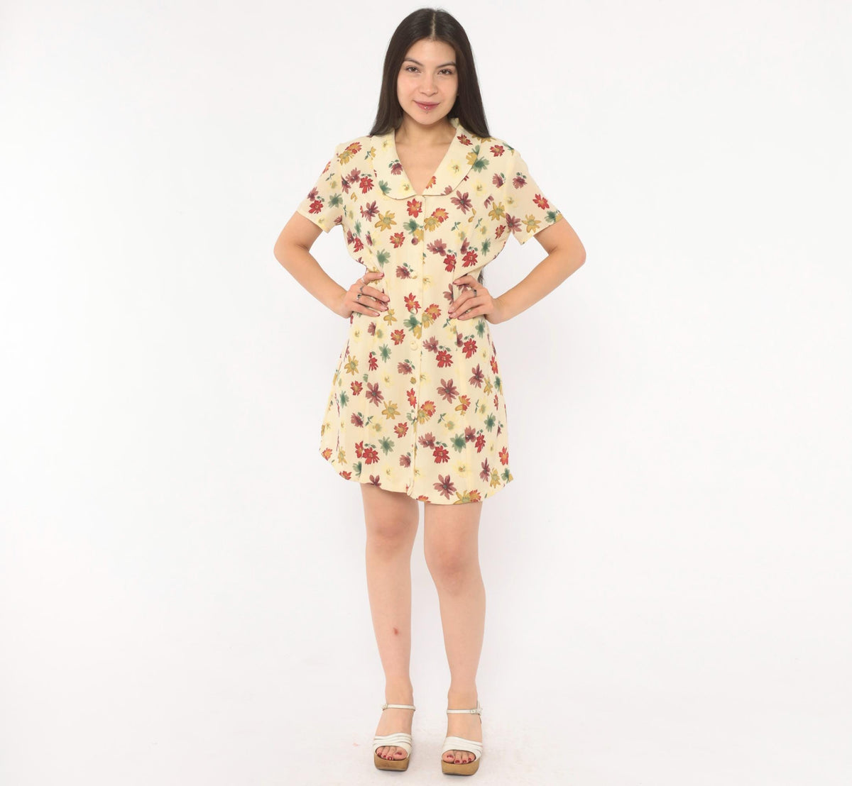 90s Evan-Picone Floral Button Front Mini Dress Cream Daisy Print Medium M