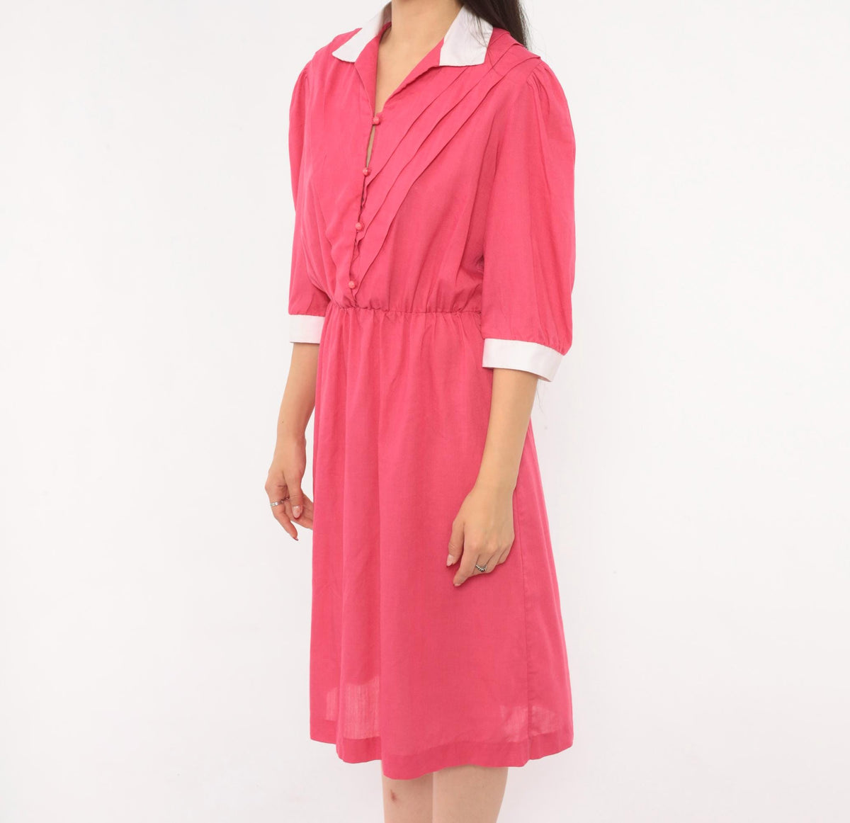80s Fuchsia Puff Sleeve Shirtdress White Collar Pleated Bodice Pink Buttons Small Medium