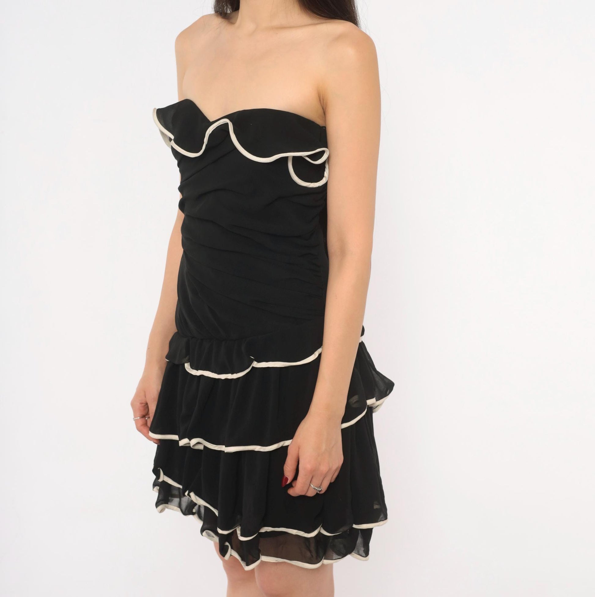 Y2K Black Mini Dress Sweetheart Neckline White Piping Ruched Bustier Medium M