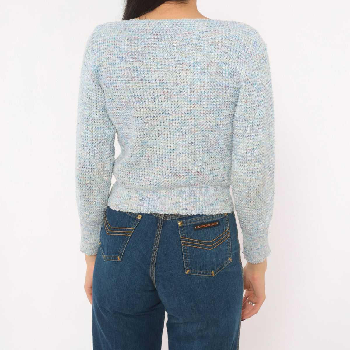 70s Powder Blue Speckled Knit Sweater Boat Neck Cropped Small