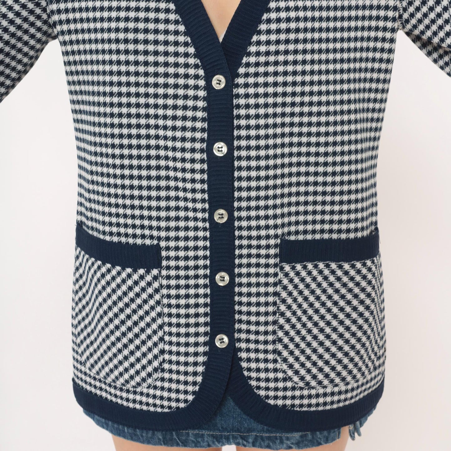 70s Jack Winter Houndstooth Cardigan Navy White Check Knit Medium M