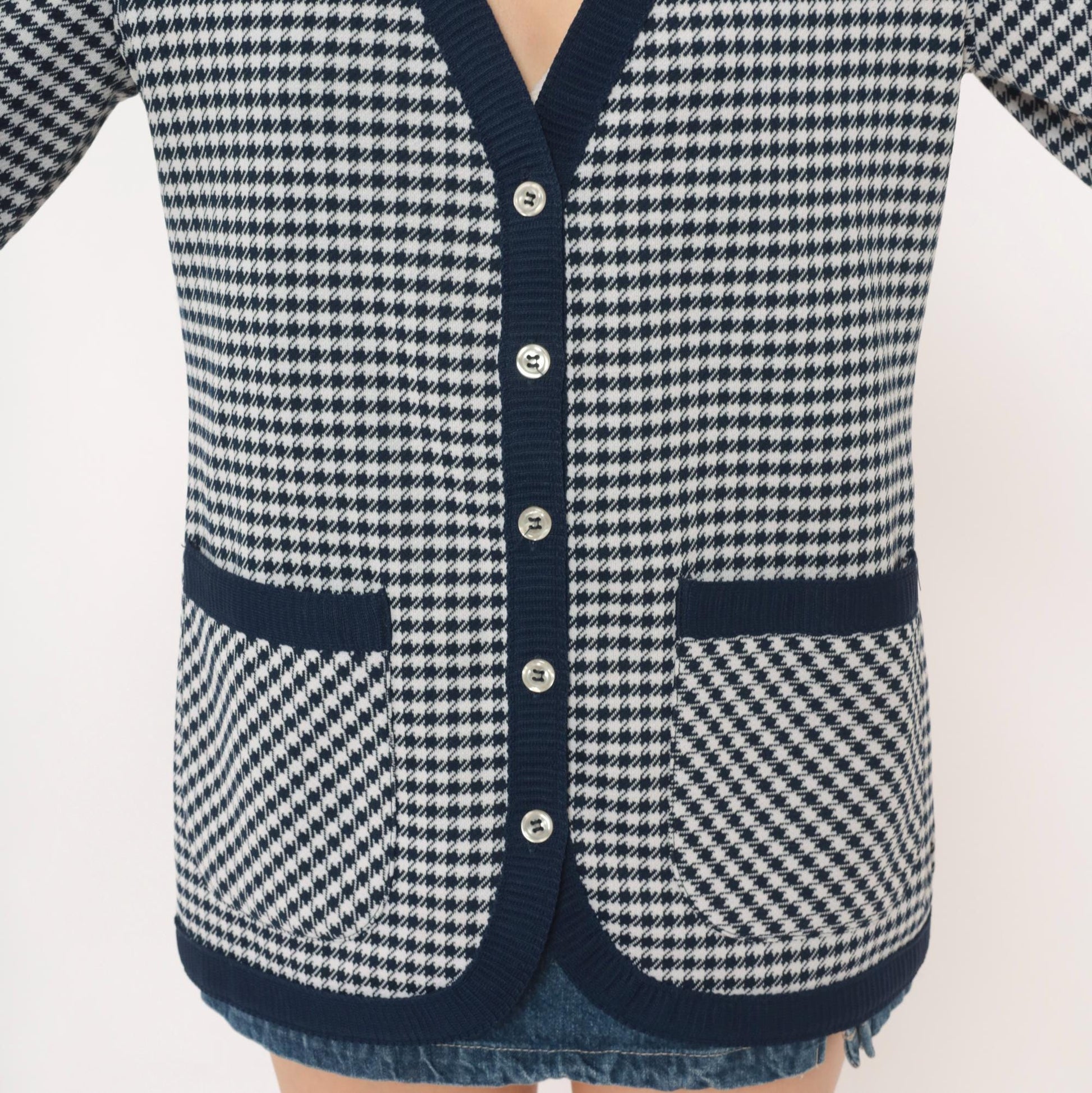 70s Jack Winter Houndstooth Cardigan Navy White Check Knit Medium M