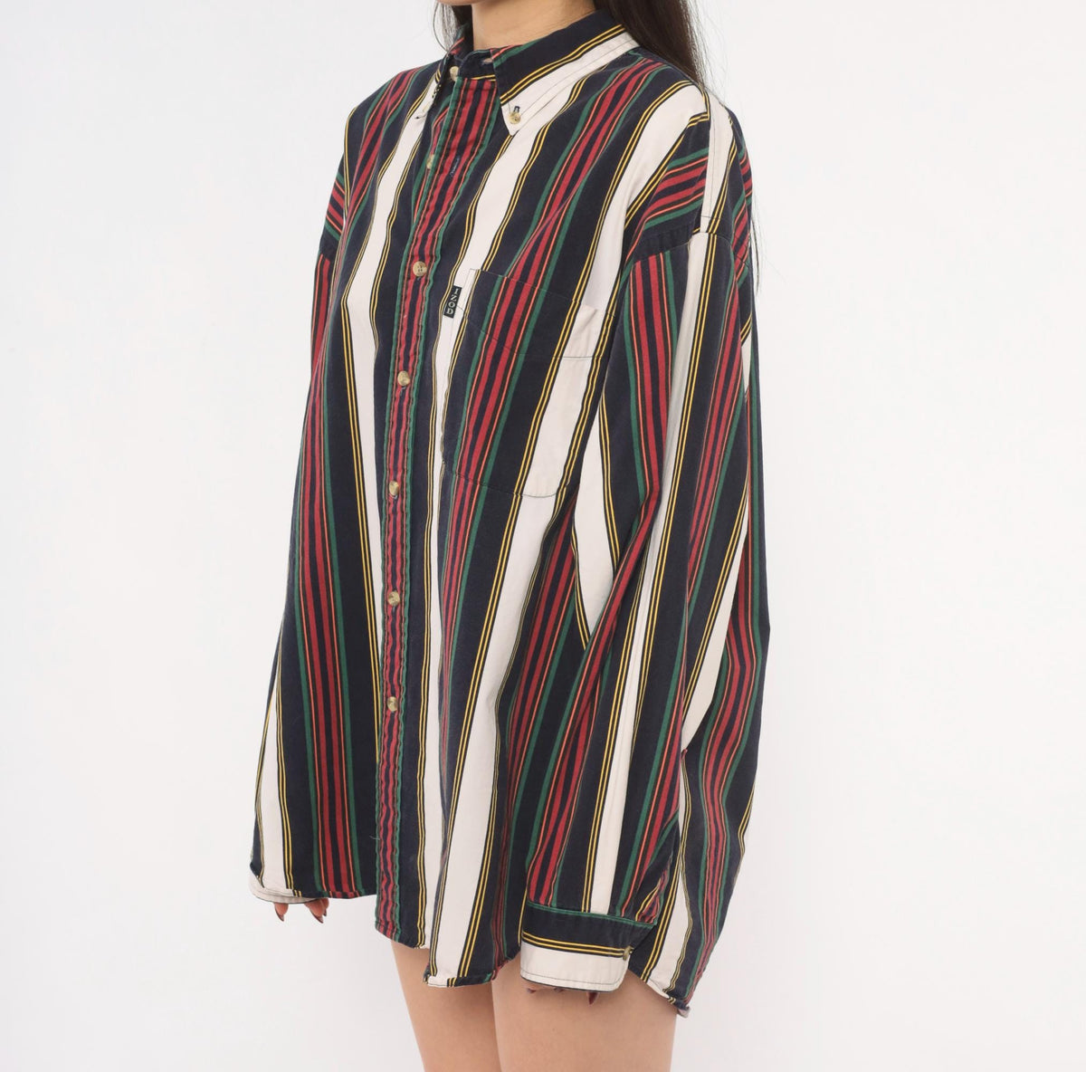 90s Izod Striped Button Down Shirt Navy Burgundy Green Gold Large L