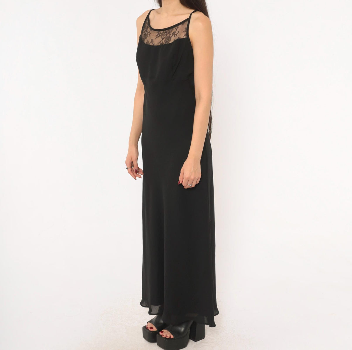 Gunne Sax Black Lace Maxi Slip Dress 90s Spaghetti Strap Low Back Large L
