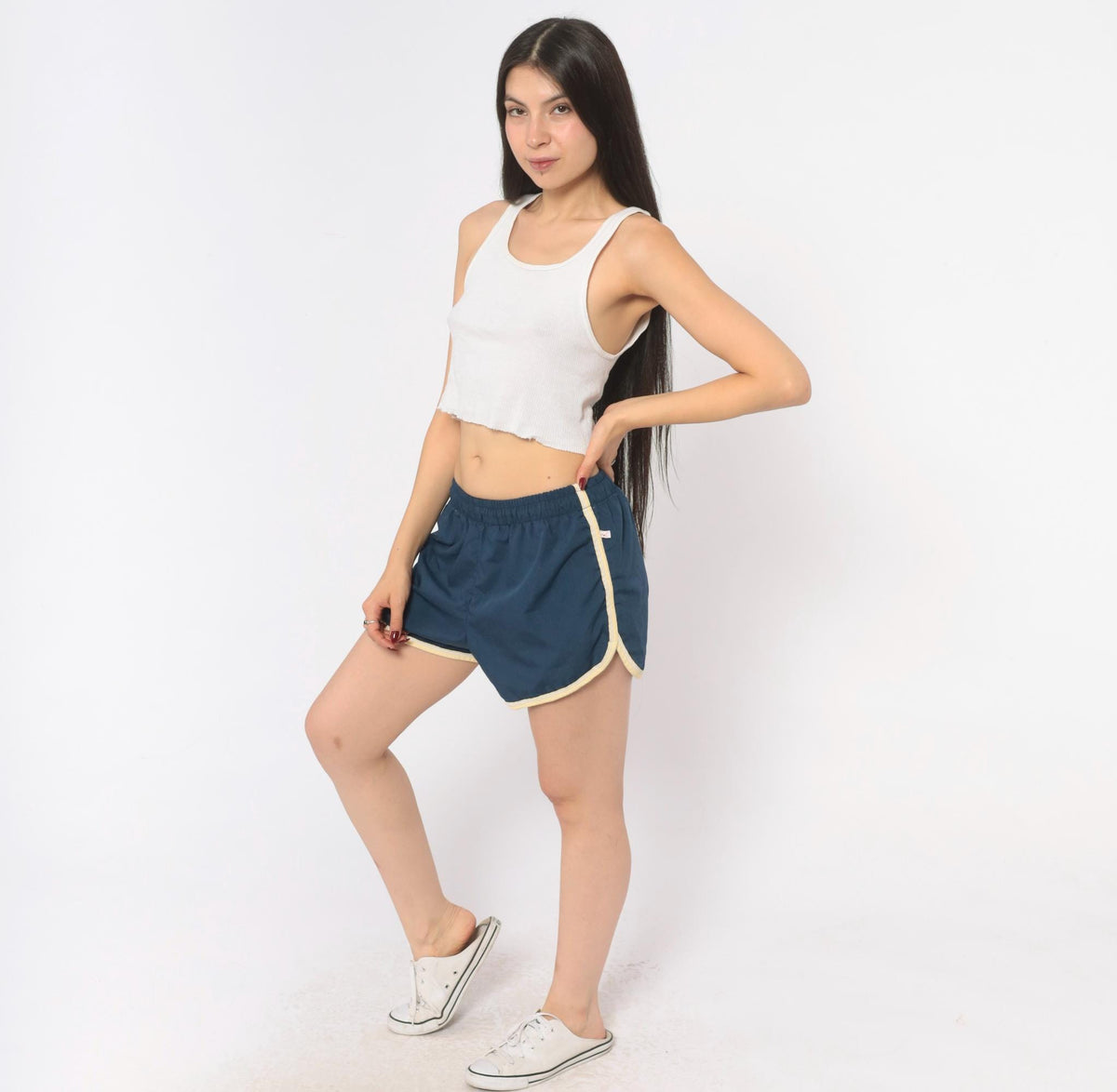 80s Jantzen Navy Running Shorts Cream Piping Dolphin Hem Cotton Medium