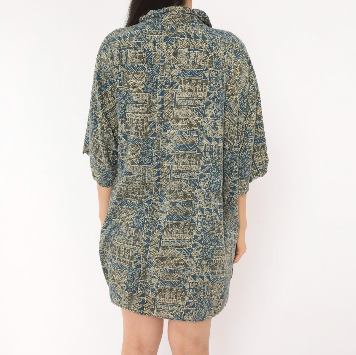 2000s Natural Issue Hawaiian Shirt Blue Cream Tribal Geometric Camp Shirt Extra Large XL