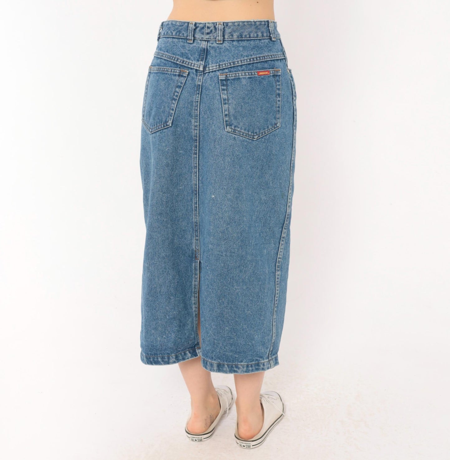 90s Jordache Denim Midi Skirt Medium Wash High Waist Straight Pencil Back Slit Small
