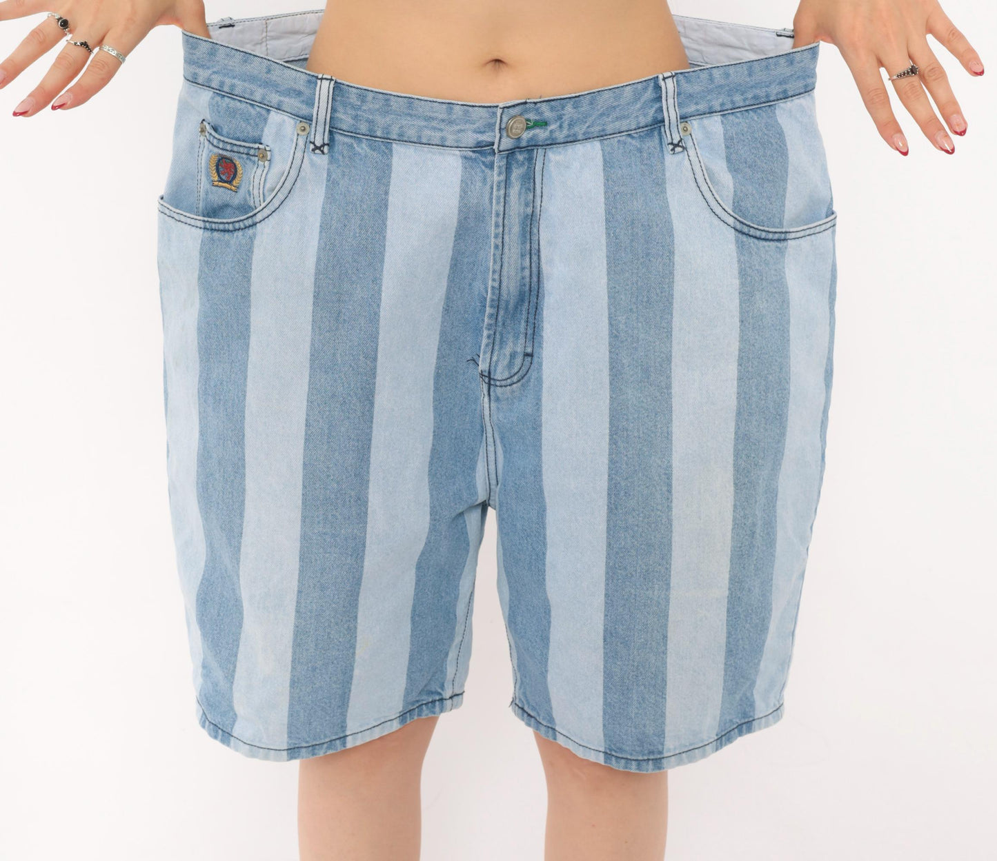 00s Tommy Hilfiger Striped Denim Bermuda Shorts Light Blue High Rise Large L