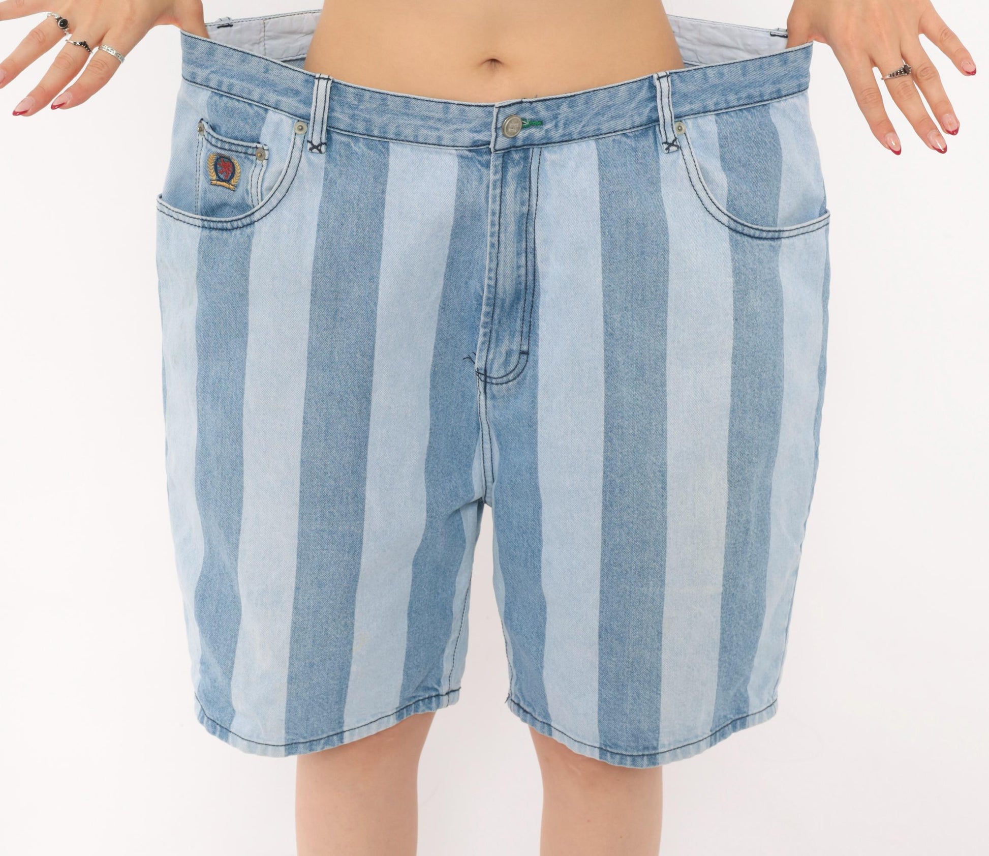 00s Tommy Hilfiger Striped Denim Bermuda Shorts Light Blue High Rise Large L