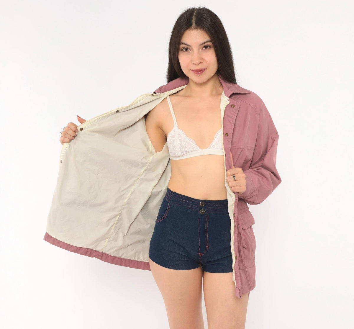 80s Woolrich Woman Mauve Jacket Snap Button Drawstring Waist Medium M