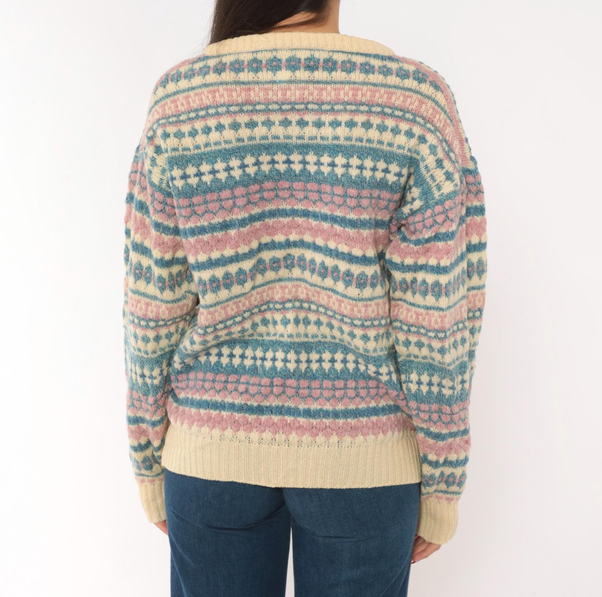 80s American Eagle Fair Isle Wool Sweater Cream Pink Blue Large