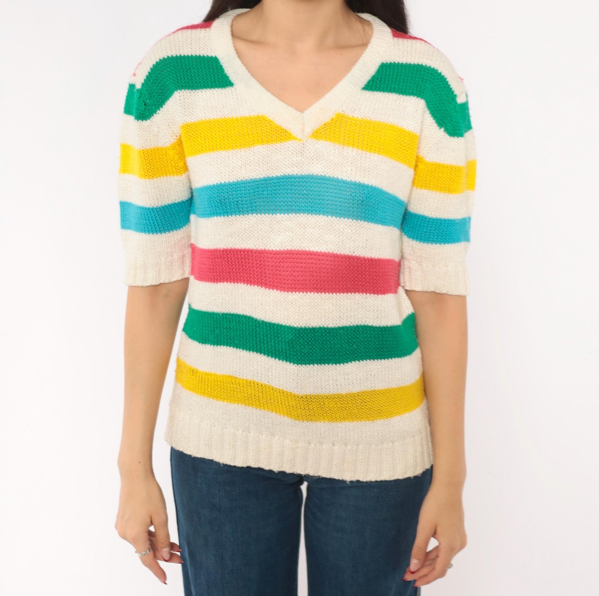 90s Brittania Rainbow Stripe V-Neck Knit Pullover Cream Cotton Medium M